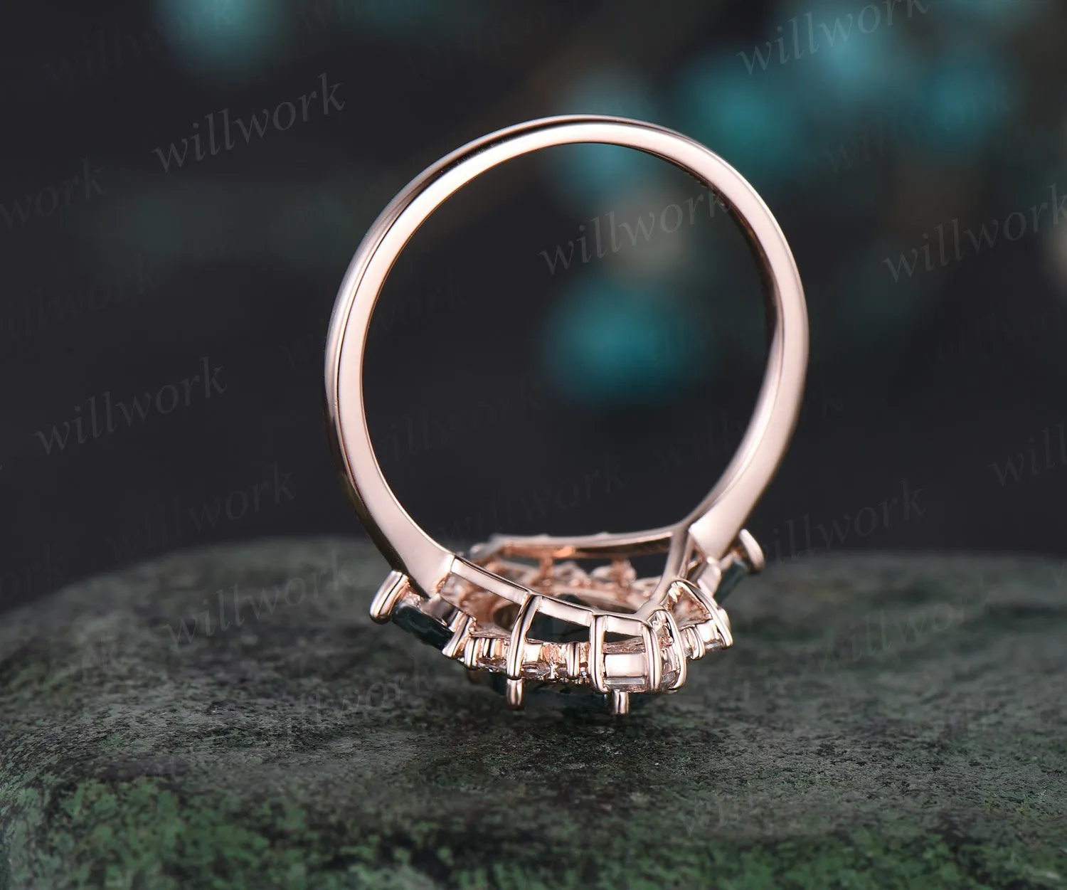 7x9mm oval cut green moss agate engagement ring Milgrain halo princess diamond ring women 6 prong unique wedding anniversary ring sold by Willwork Jewelry product image thumbnail 5