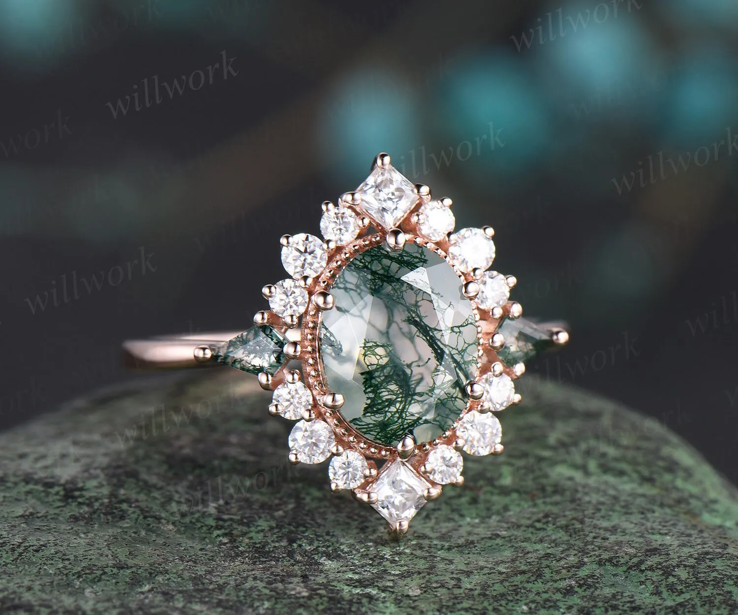 7x9mm oval cut green moss agate engagement ring Milgrain halo princess diamond ring women 6 prong unique wedding anniversary ring sold by Willwork Jewelry product image thumbnail 3