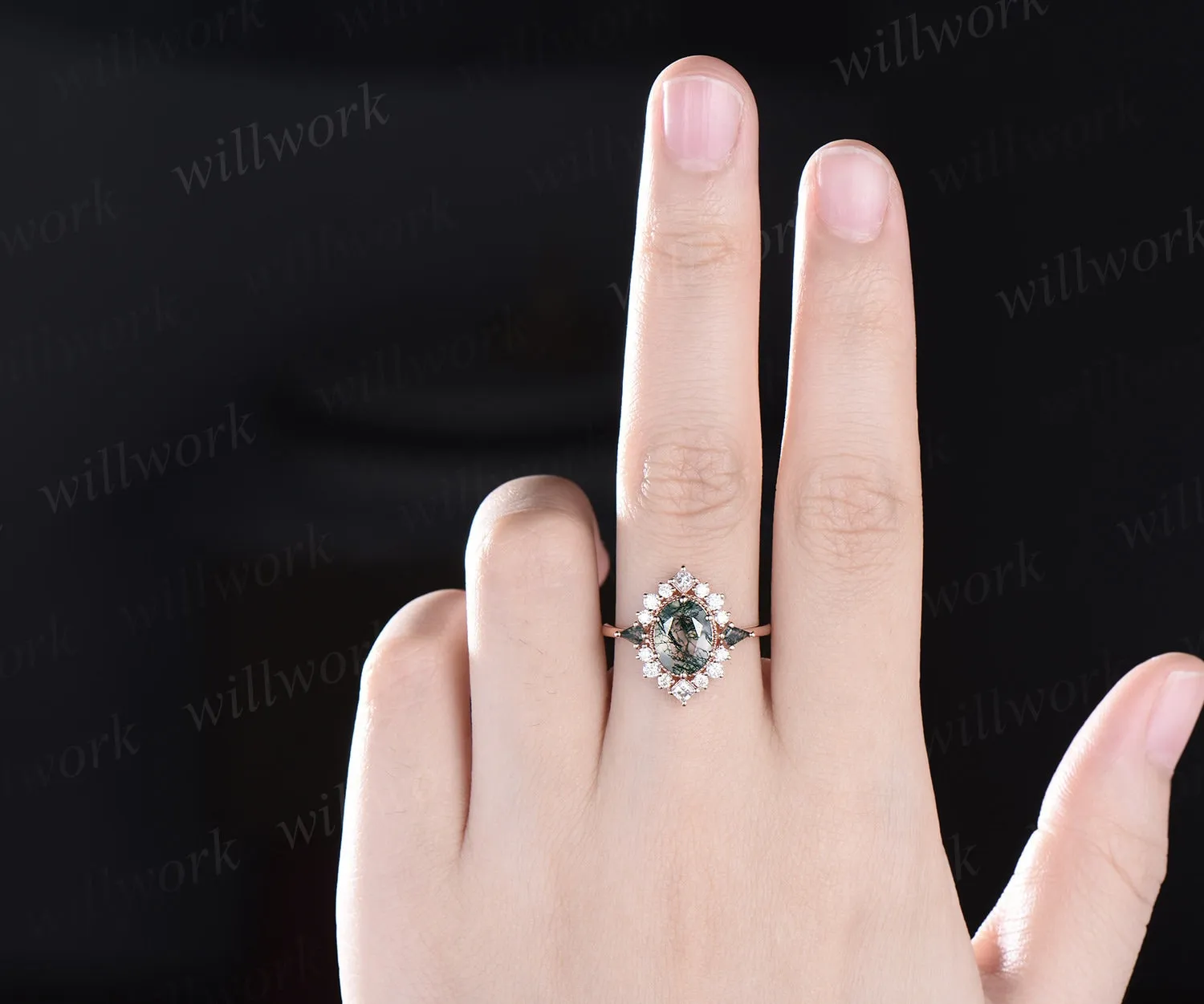 7x9mm oval cut green moss agate engagement ring Milgrain halo princess diamond ring women 6 prong unique wedding anniversary ring sold by Willwork Jewelry product image thumbnail 2