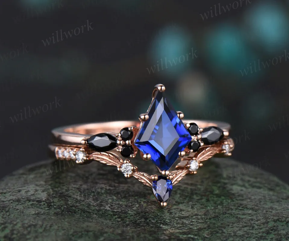 Kite cut blue sapphire engagement ring 14k rose gold black spinel leaf wedding band moissanite September birthstone ring anniversary gift sold by Willwork Jewelry