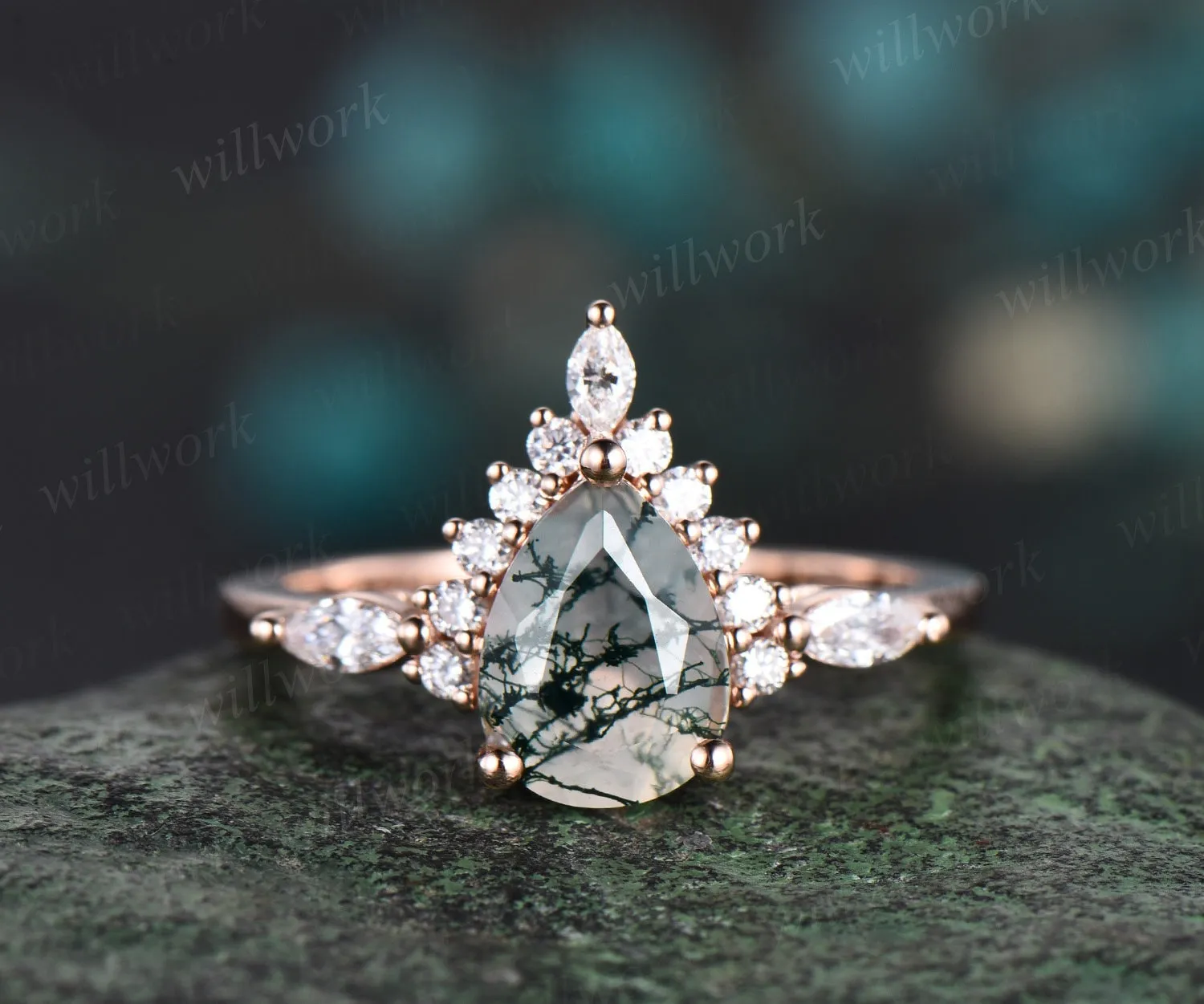Pear shaped green moss agate ring halo marquise unique engagement ring women solid 14k rose gold gemstone wedding anniversary ring gift sold by Willwork Jewelry product image thumbnail 5