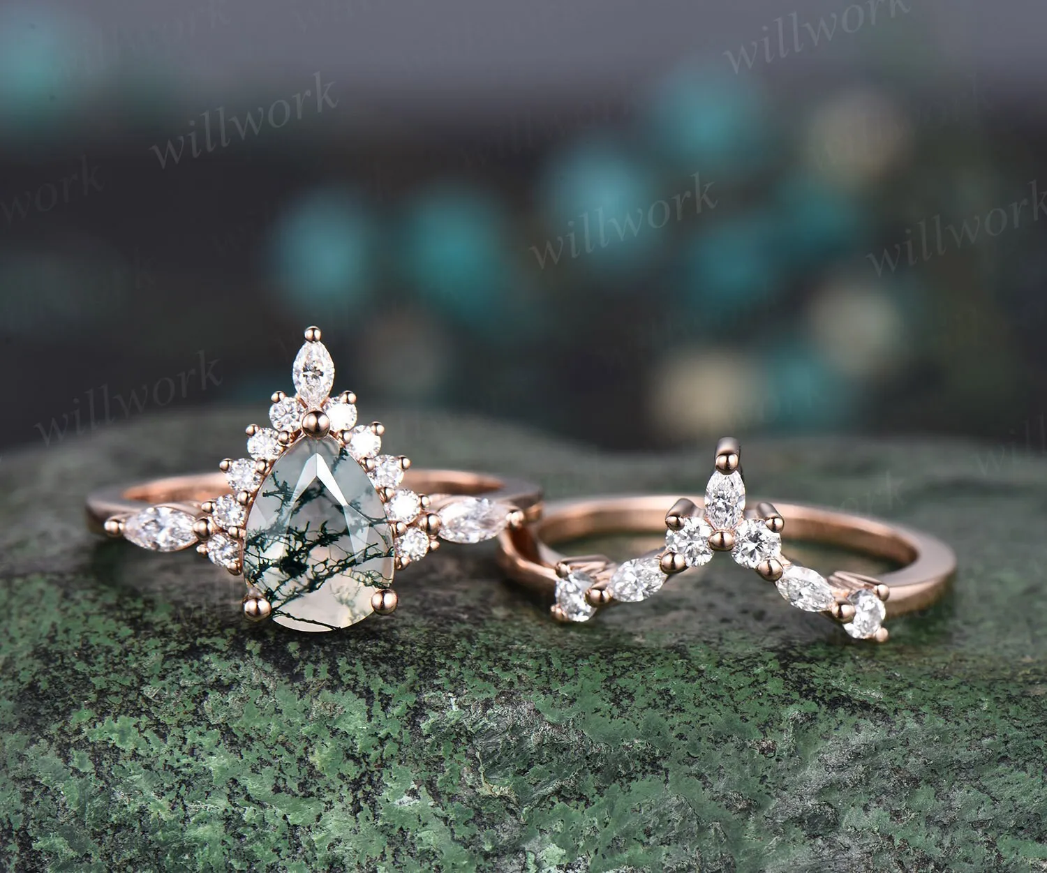 Pear shaped green moss agate ring halo marquise unique engagement ring women solid 14k rose gold gemstone wedding anniversary ring gift sold by Willwork Jewelry product image thumbnail 3