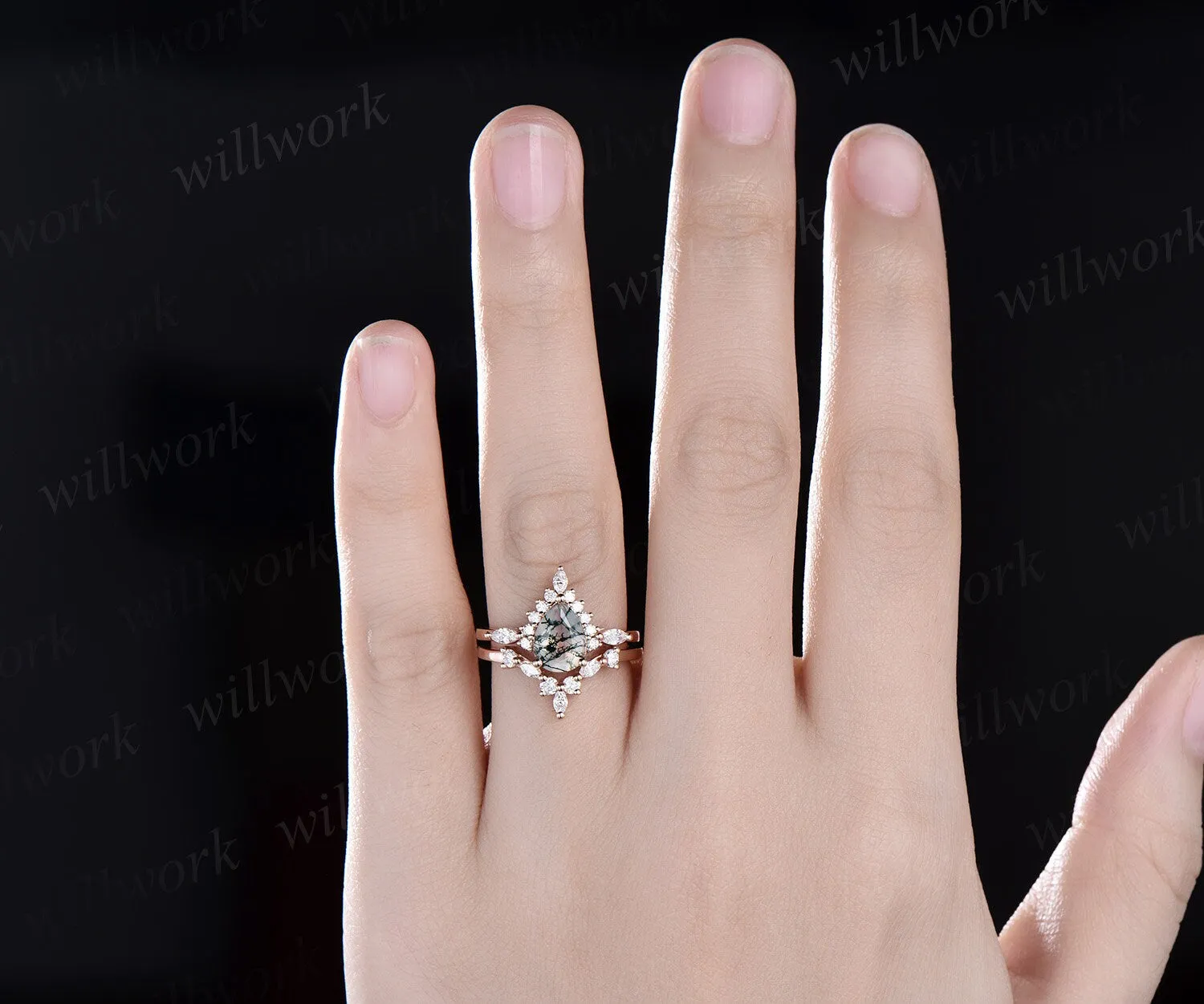 Pear shaped green moss agate ring halo marquise unique engagement ring women solid 14k rose gold gemstone wedding anniversary ring gift sold by Willwork Jewelry product image thumbnail 2