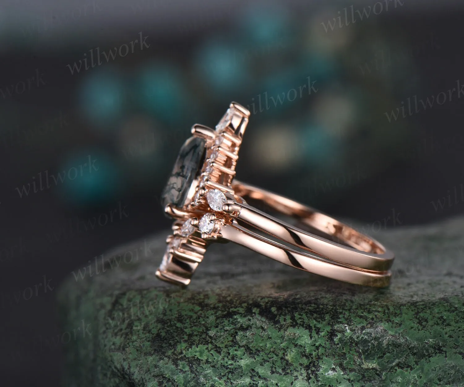 Pear shaped green moss agate ring halo marquise unique engagement ring women solid 14k rose gold gemstone wedding anniversary ring gift sold by Willwork Jewelry product image thumbnail 4