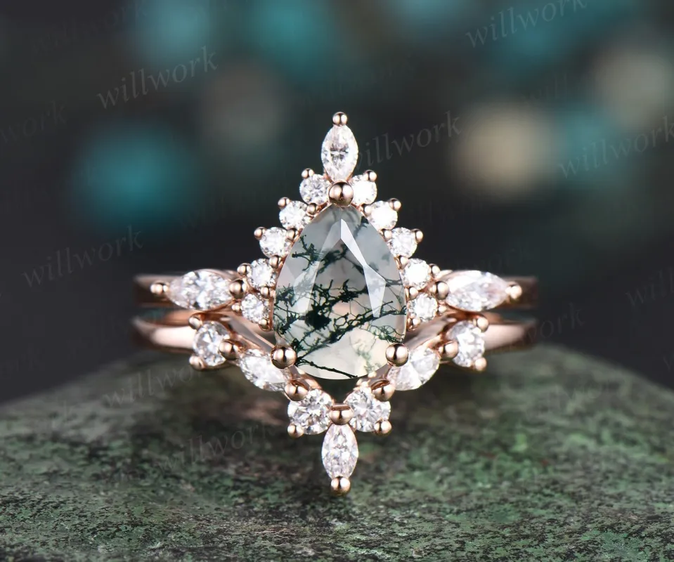 Pear shaped green moss agate ring halo marquise unique engagement ring women solid 14k rose gold gemstone wedding anniversary ring gift sold by Willwork Jewelry