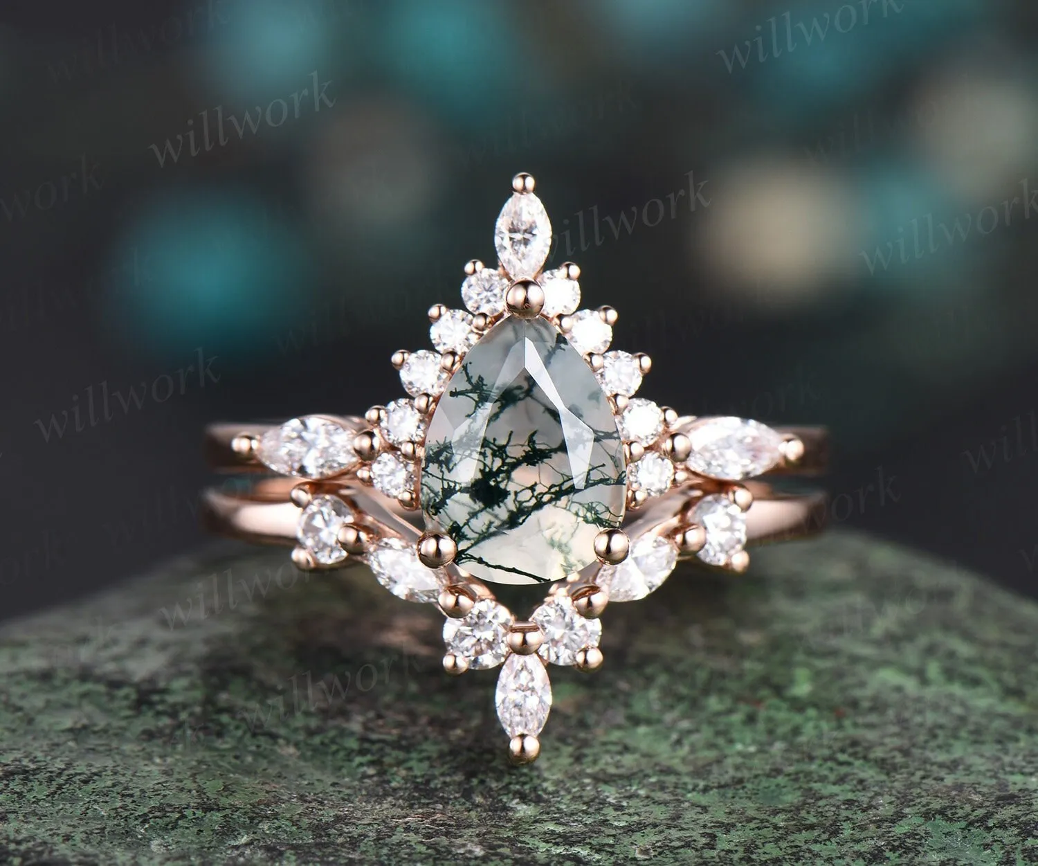 Pear shaped green moss agate ring halo marquise unique engagement ring women solid 14k rose gold gemstone wedding anniversary ring gift sold by Willwork Jewelry