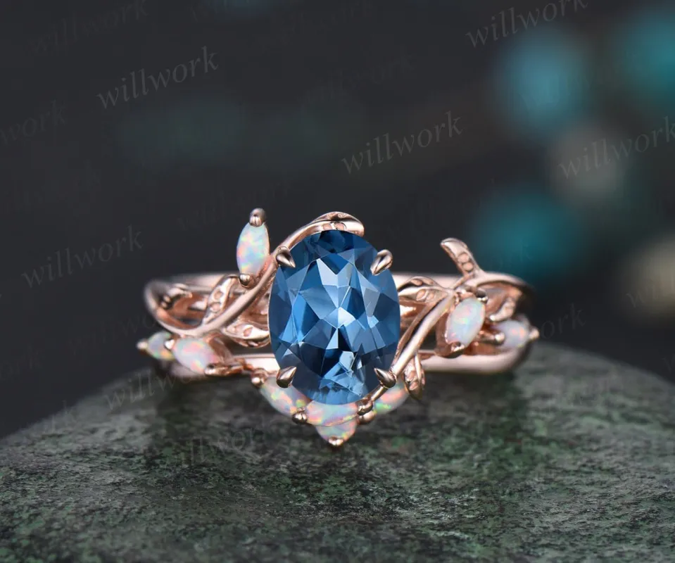 Vintage oval cut London blue topaz engagement ring solid 14k rose gold leaf nature inspired opal ring women wedding bridal ring set gemstone made by Willwork Jewelry