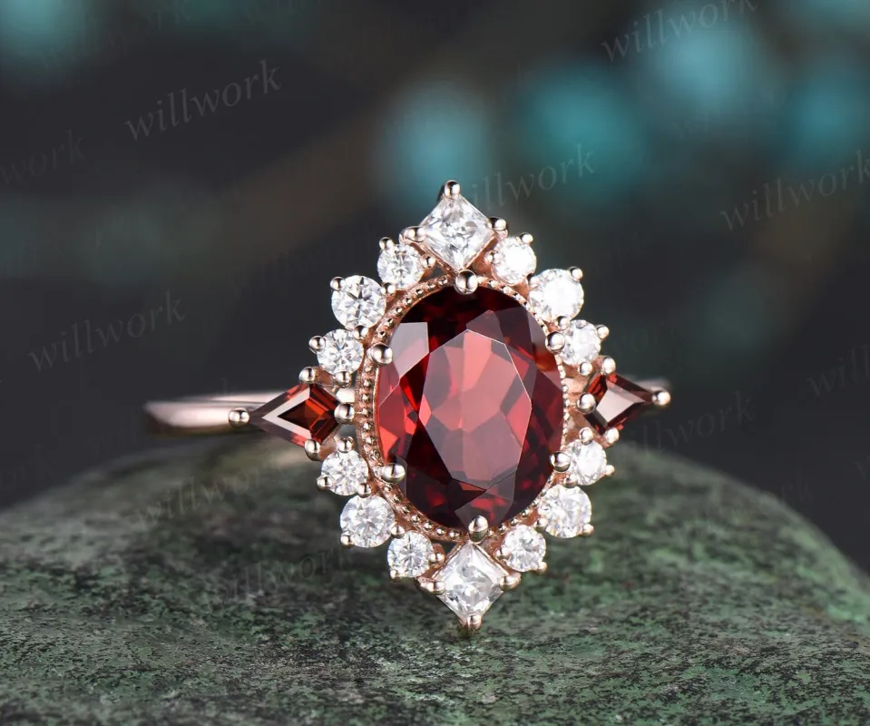 7x9mm oval cut red garnet engagement ring Milgrain halo princess diamond ring women 6 prong unique wedding anniversary ring gift gemstone sold by Willwork Jewelry