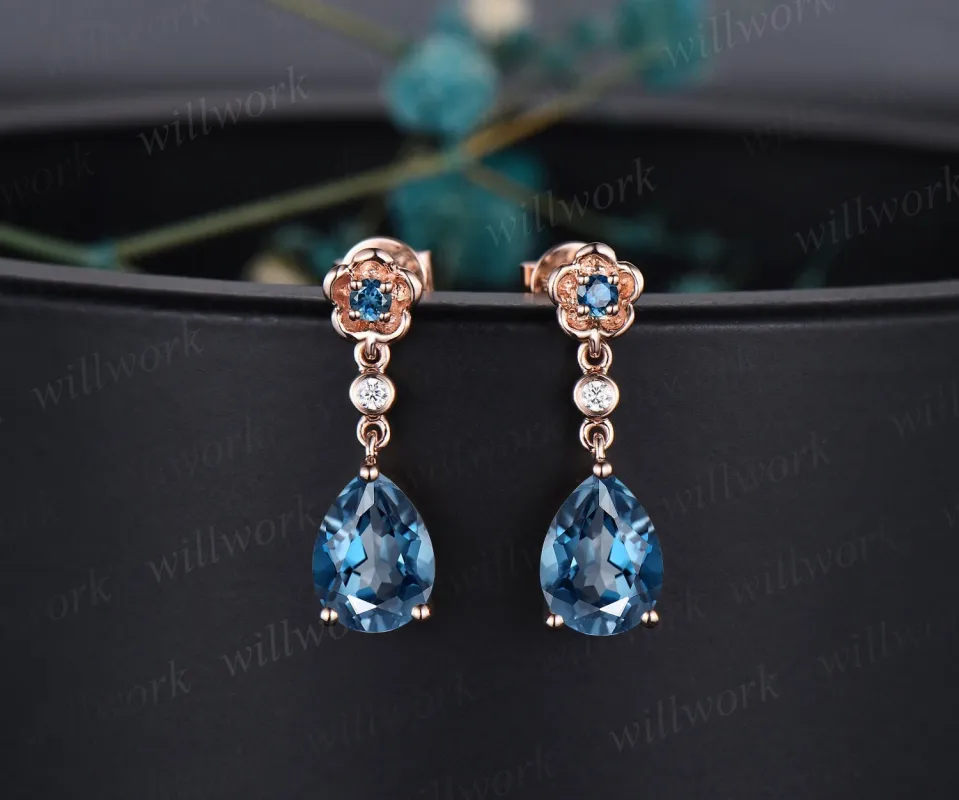 Floral pear shaped London blue topaz earrings rose gold three stone bezel diamond flower drop earrings women anniversary gift her jewelry sold by Willwork Jewelry