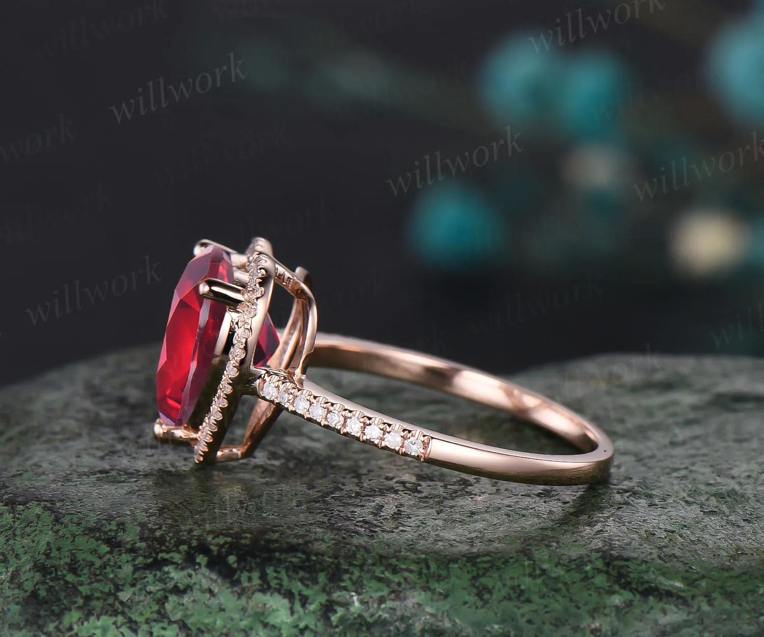Ruby Engagement Ring-Handmade Solid 14k Rose Gold Ring-Real Floral Moissanites Red Heart Shaped Cut Gemstone Promise Ring sold by Willwork Jewelry product image thumbnail 3