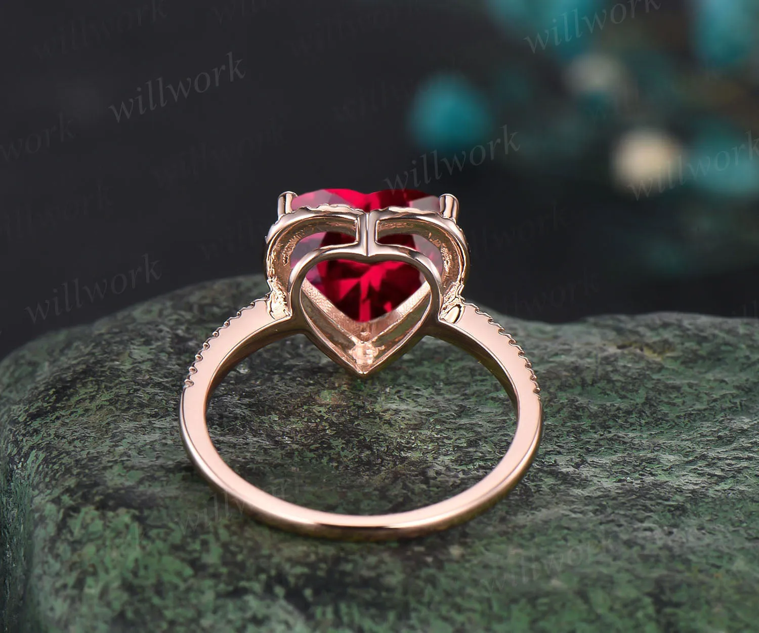 Ruby Engagement Ring-Handmade Solid 14k Rose Gold Ring-Real Floral Moissanites Red Heart Shaped Cut Gemstone Promise Ring sold by Willwork Jewelry product image thumbnail 5