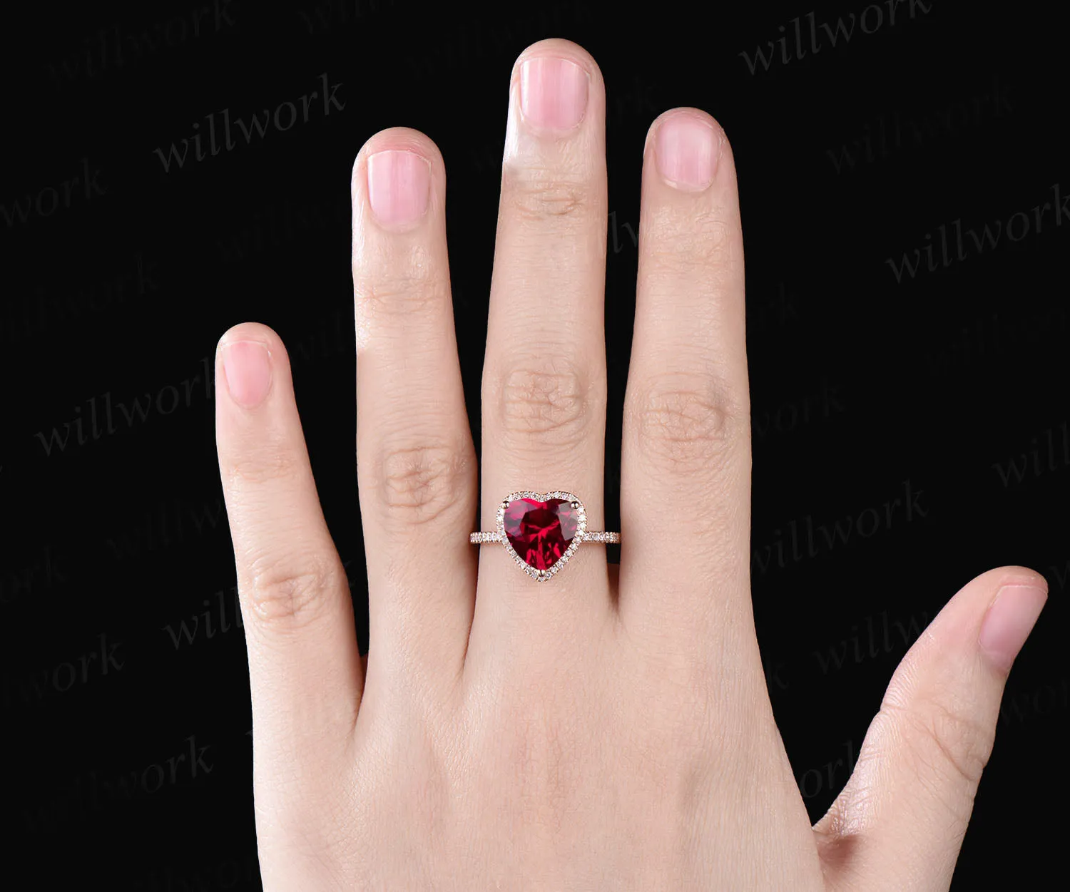 Ruby Engagement Ring-Handmade Solid 14k Rose Gold Ring-Real Floral Moissanites Red Heart Shaped Cut Gemstone Promise Ring sold by Willwork Jewelry product image thumbnail 4