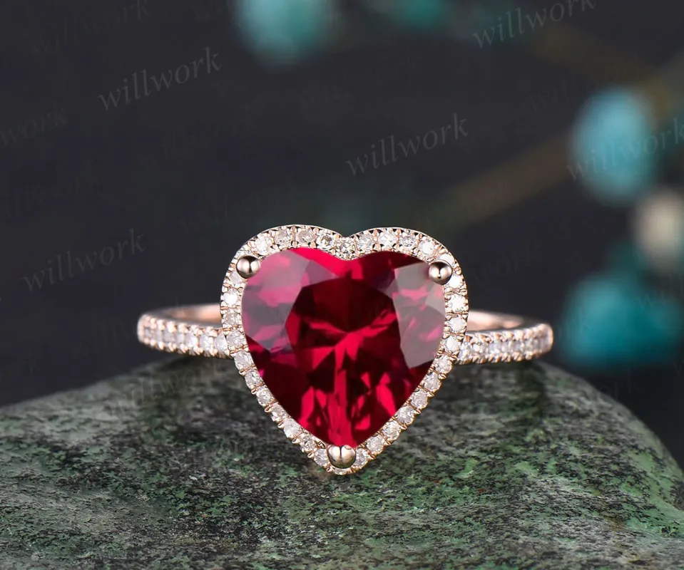 Ruby Engagement Ring-Handmade Solid 14k Rose Gold Ring-Real Floral Moissanites Red Heart Shaped Cut Gemstone Promise Ring sold by Willwork Jewelry