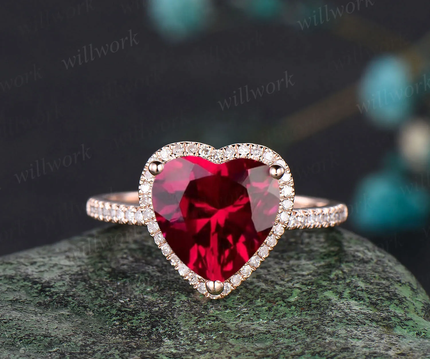 Ruby Engagement Ring-Handmade Solid 14k Rose Gold Ring-Real Floral Moissanites Red Heart Shaped Cut Gemstone Promise Ring sold by Willwork Jewelry