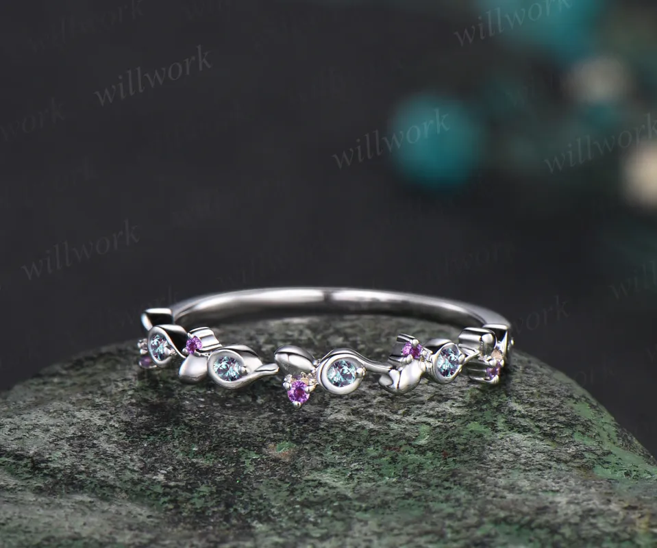 Unique Natural Amethyst Alexandrite Wedding Band Leaf 14k Rose Gold Stacking Vintage Dainty Wedding Ring Band Women Anniversary Ring Gift sold by Willwork Jewelry