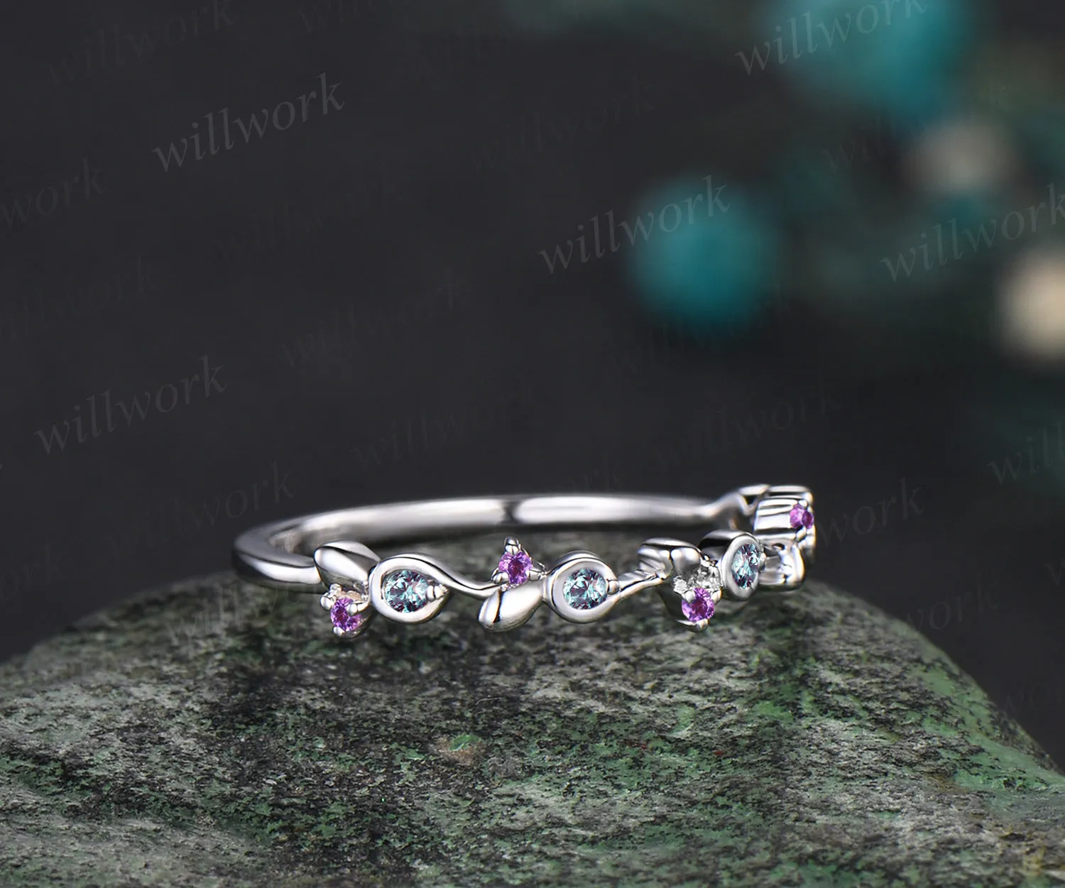 Unique Natural Amethyst Alexandrite Wedding Band Leaf 14k Rose Gold Stacking Vintage Dainty Wedding Ring Band Women Anniversary Ring Gift sold by Willwork Jewelry product image thumbnail 2