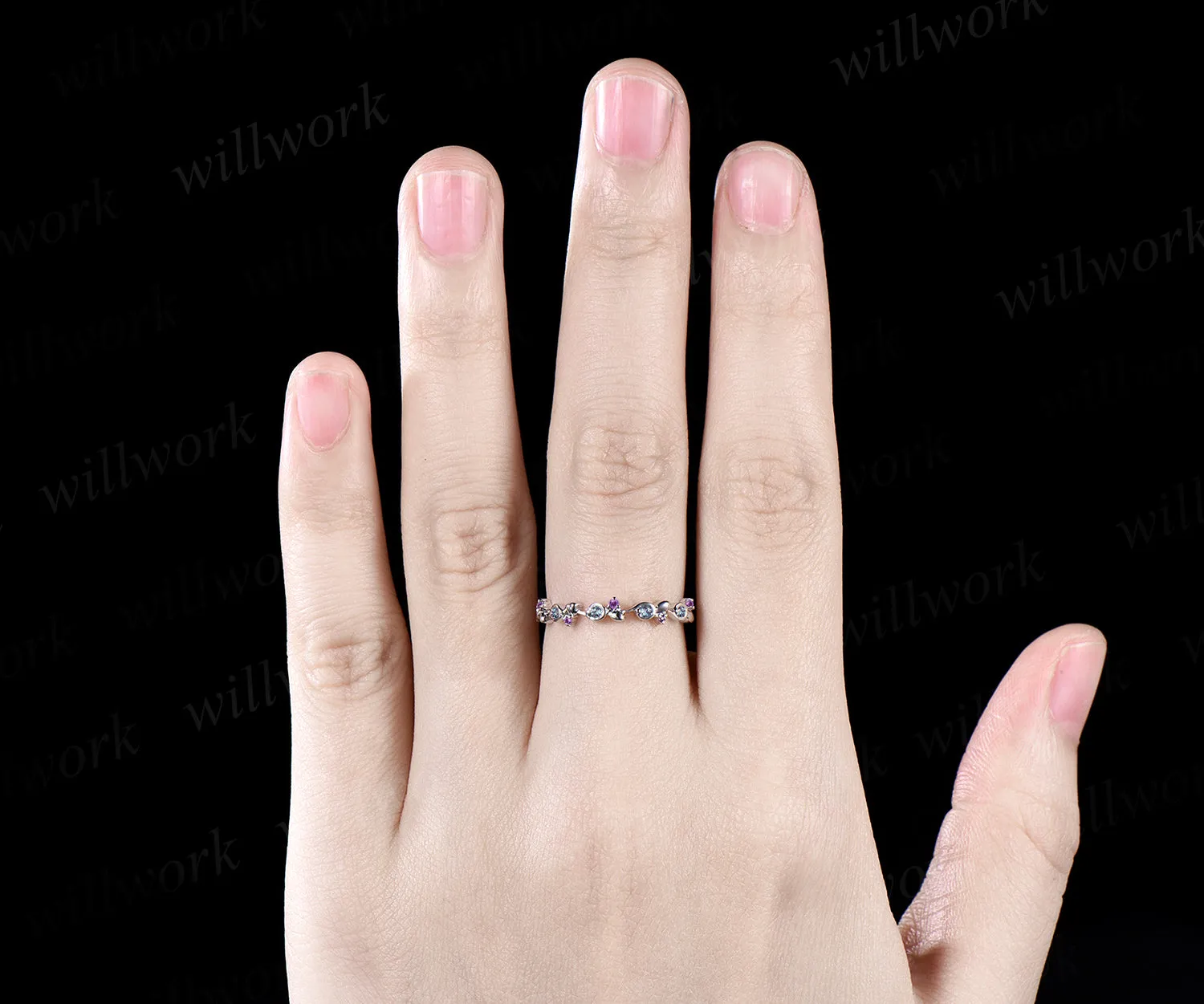 Unique Natural Amethyst Alexandrite Wedding Band Leaf 14k Rose Gold Stacking Vintage Dainty Wedding Ring Band Women Anniversary Ring Gift sold by Willwork Jewelry product image thumbnail 5