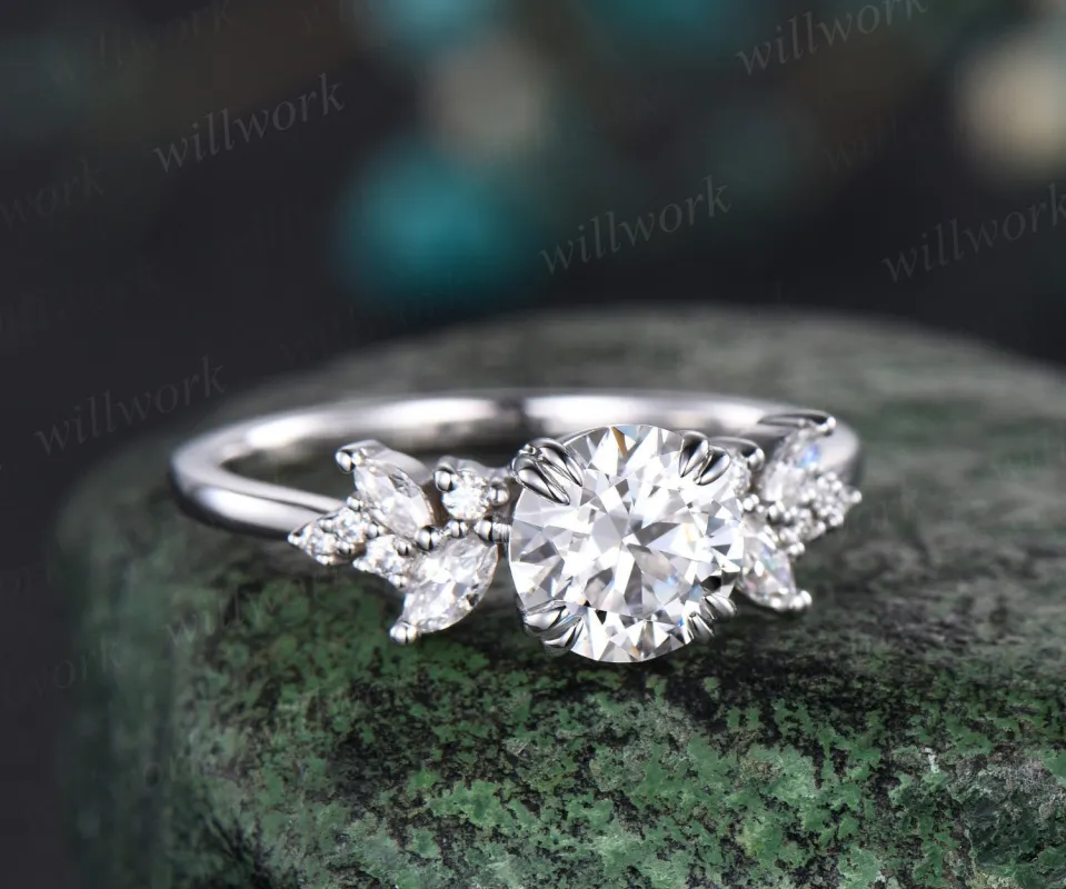 Round cut moissanite ring vintage moissanite engagement ring white gold unique snowdrift 8 prong engagement ring diamond wedding ring women made by Willwork Jewelry