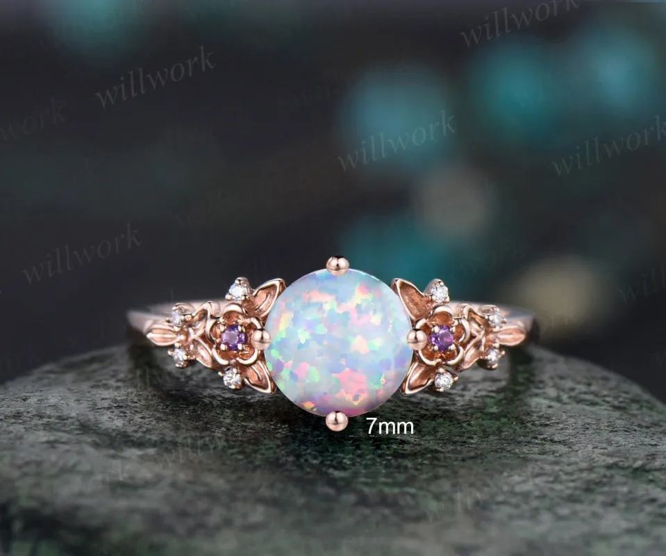 Vintage round white opal engagement ring solid 14k rose gold twig leaf floral cluster amethyst diamond promise wedding ring women jewelry sold by Willwork Jewelry