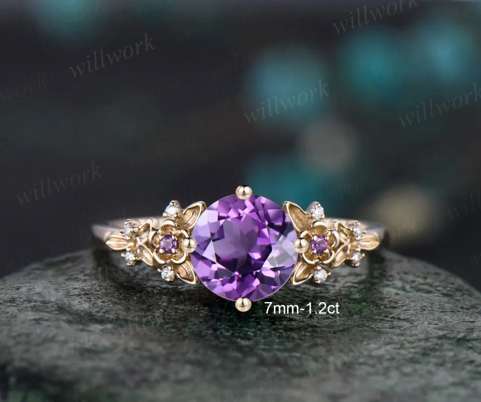 Vintage round cut purple engagement ring solid 14k yellow gold twig leaf floral cluster diamond promise wedding ring women jewelry gift sold by Willwork Jewelry