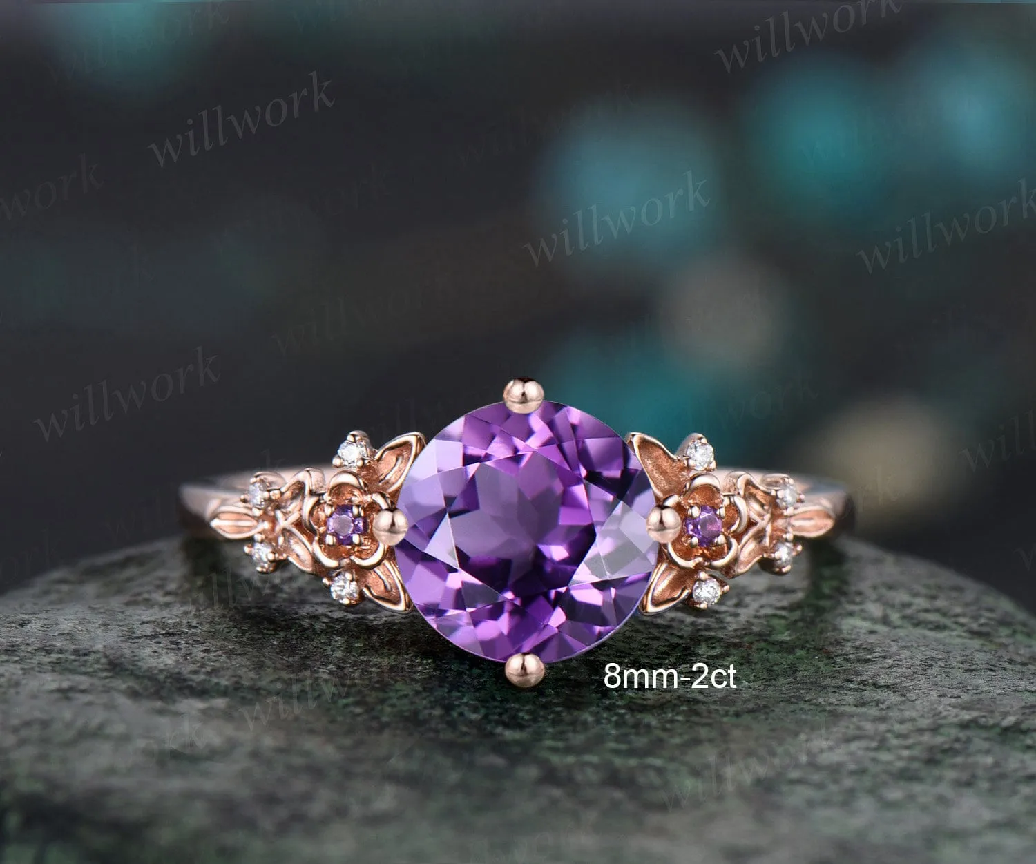 Vintage round cut purple engagement ring solid 14k yellow gold twig leaf floral cluster diamond promise wedding ring women jewelry gift sold by Willwork Jewelry product image thumbnail 3