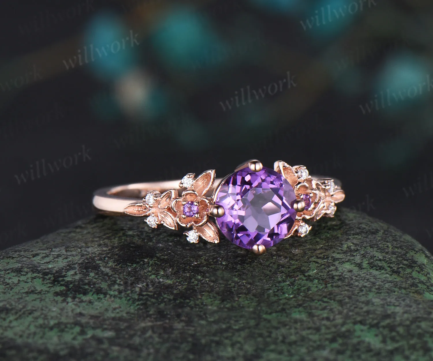 Vintage round cut purple engagement ring solid 14k yellow gold twig leaf floral cluster diamond promise wedding ring women jewelry gift sold by Willwork Jewelry product image thumbnail 4