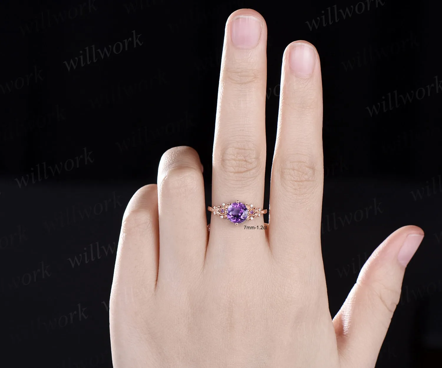 Vintage round cut purple engagement ring solid 14k yellow gold twig leaf floral cluster diamond promise wedding ring women jewelry gift sold by Willwork Jewelry product image thumbnail 2