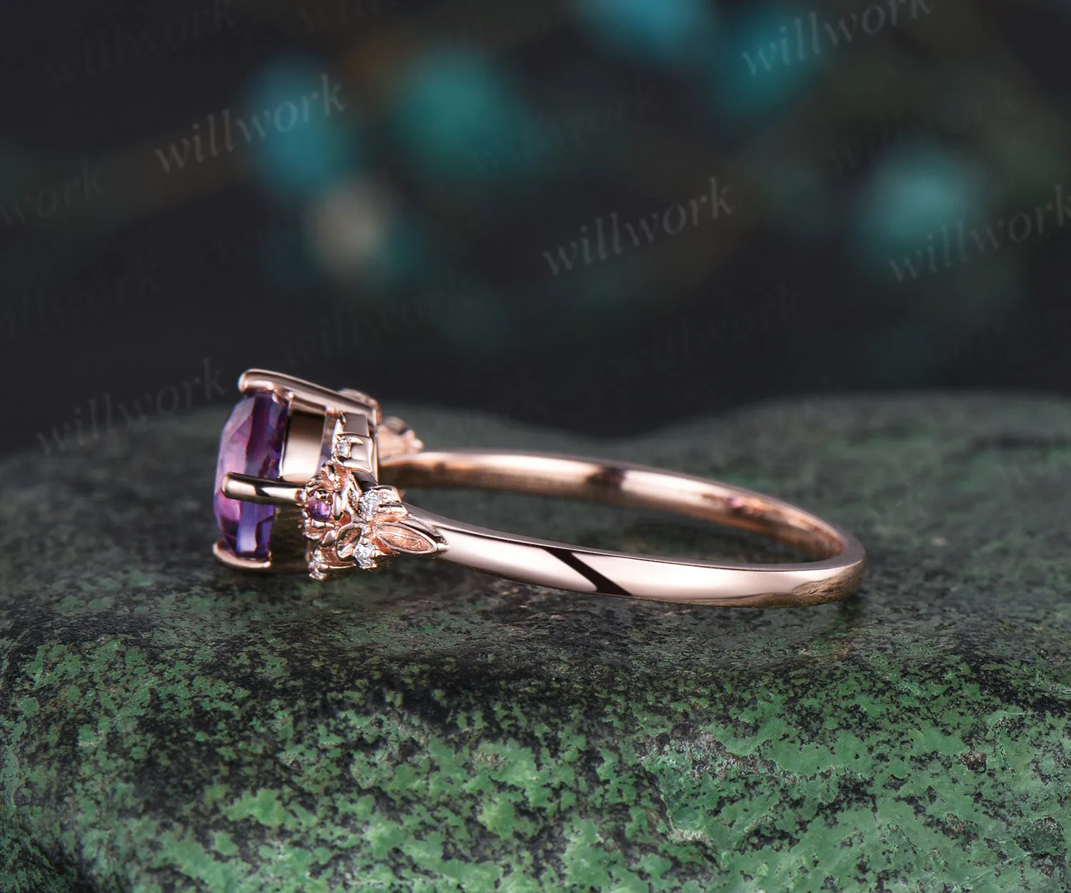 Vintage round cut purple engagement ring solid 14k yellow gold twig leaf floral cluster diamond promise wedding ring women jewelry gift sold by Willwork Jewelry product image thumbnail 5