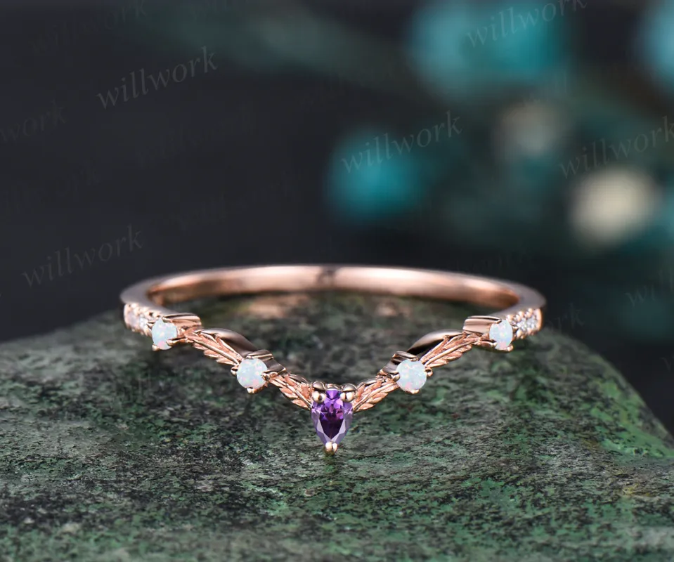 Unique Amethyst Wedding Band Vintage Curved V Shaped 14k Rose Gold Amethyst Ring Vintage Norse Leaf Nature Ring Jewelry Dainty Wedding Bridal Anniversary Ring Band Women sold by Willwork Jewelry