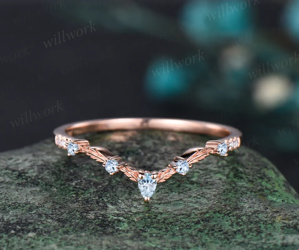 Unique Aquamarine Wedding Band Vintage Curved V Shaped 14k Rose Gold Aquamarine Ring Vintage Norse Leaf Nature Ring Jewelry Dainty Wedding Bridal Anniversary Ring Band Women made by Willwork Jewelry