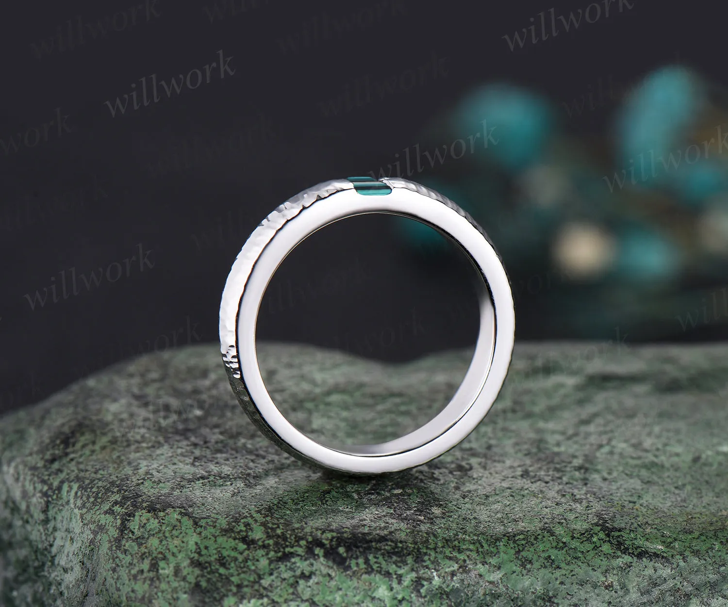 Unique Mens Alexandrite Wedding Band Baguette Cut Color Changed Band 5mm Solid Gold Ring Mens Hammered Stacking Matching Band Retro Vintage Ring Gift sold by Willwork Jewelry product image thumbnail 5