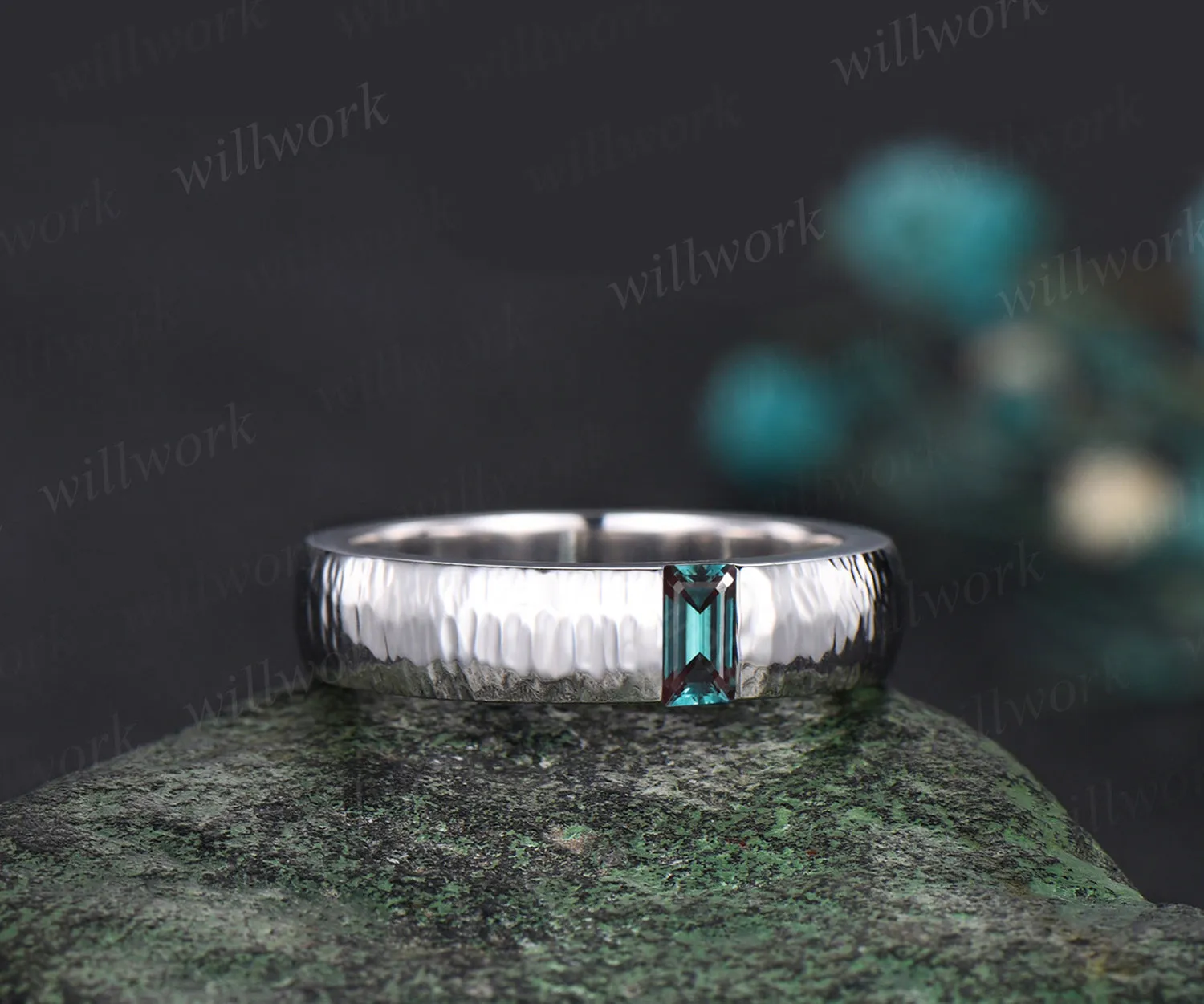 Unique Mens Alexandrite Wedding Band Baguette Cut Color Changed Band 5mm Solid Gold Ring Mens Hammered Stacking Matching Band Retro Vintage Ring Gift sold by Willwork Jewelry product image thumbnail 3
