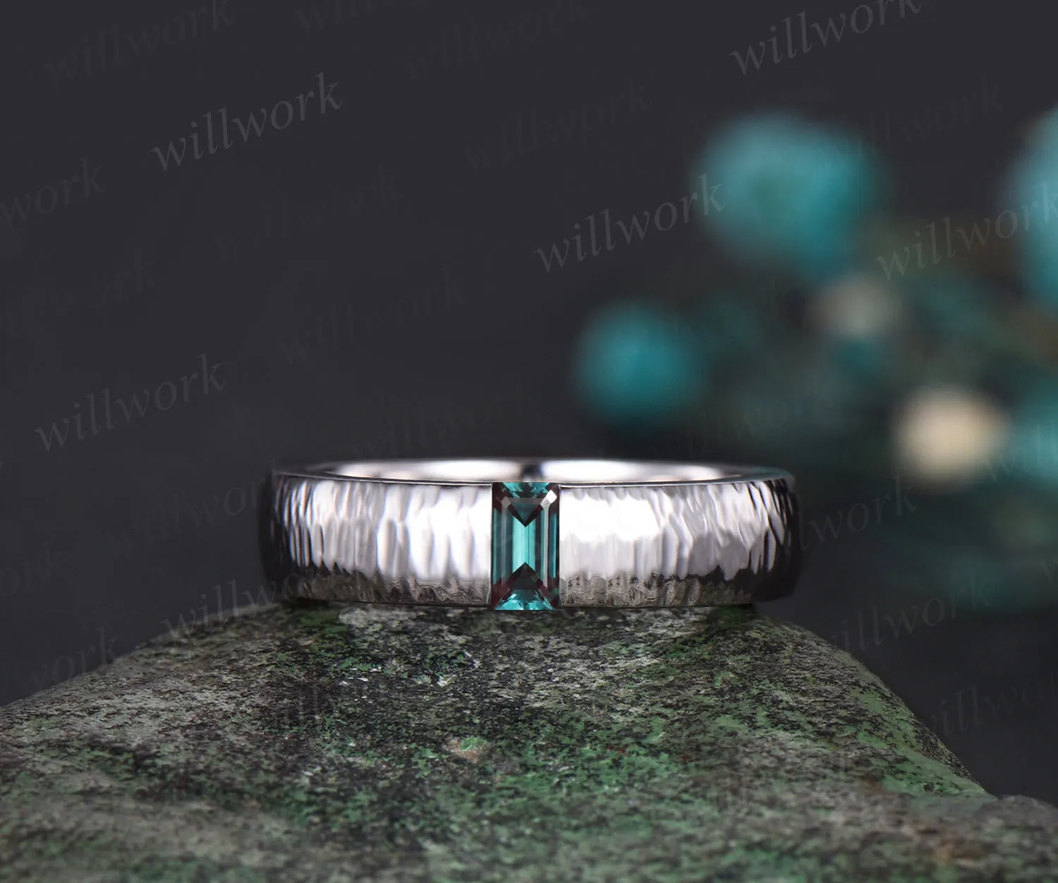 Unique Mens Alexandrite Wedding Band Baguette Cut Color Changed Band 5mm Solid Gold Ring Mens Hammered Stacking Matching Band Retro Vintage Ring Gift sold by Willwork Jewelry product image thumbnail 2