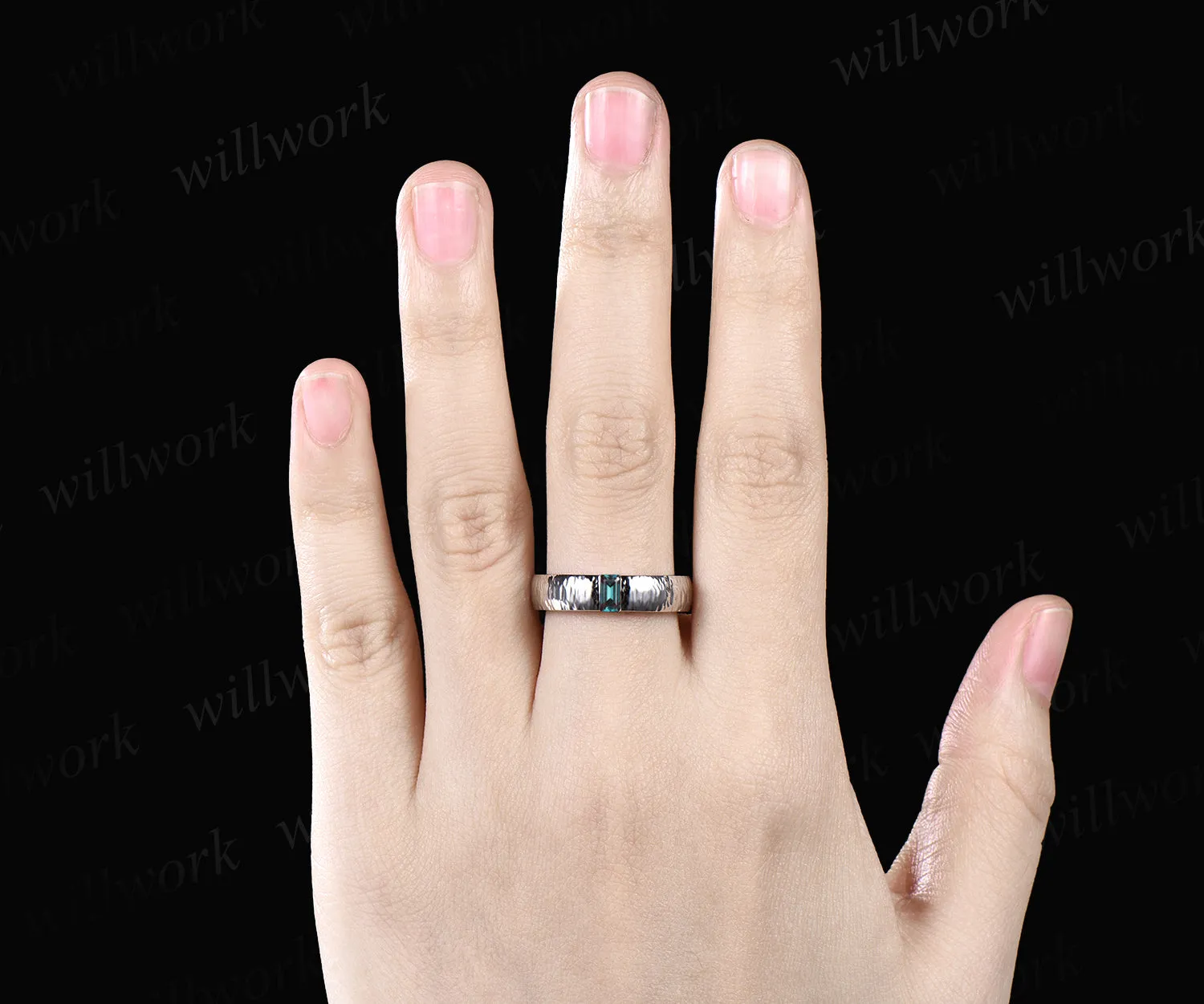 Unique Mens Alexandrite Wedding Band Baguette Cut Color Changed Band 5mm Solid Gold Ring Mens Hammered Stacking Matching Band Retro Vintage Ring Gift sold by Willwork Jewelry product image thumbnail 4