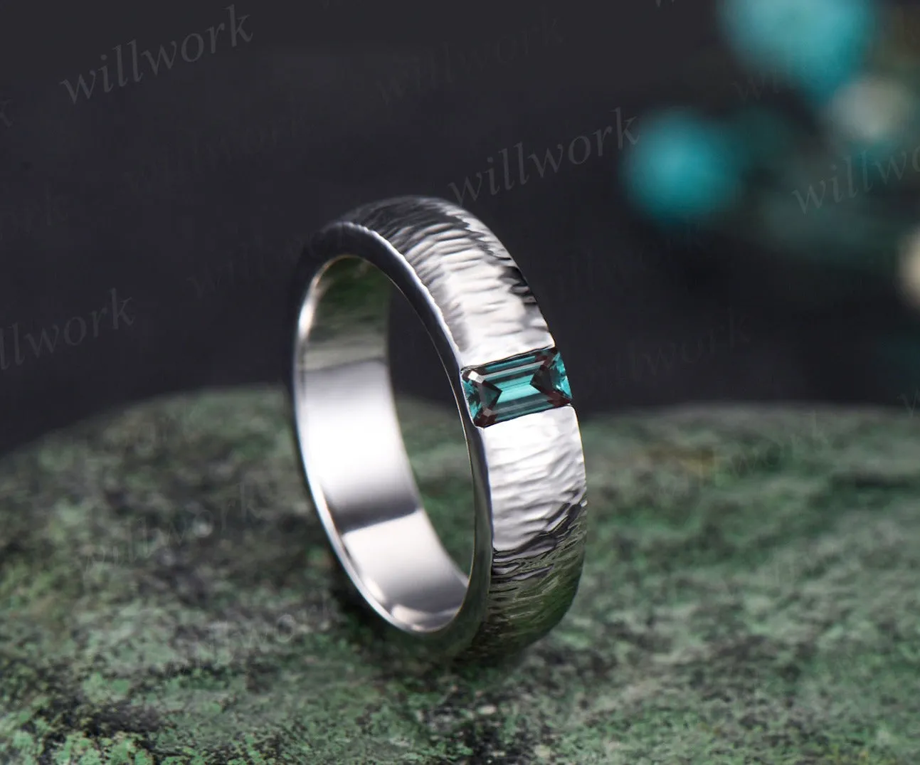 Unique Mens Alexandrite Wedding Band Baguette Cut Color Changed Band 5mm Solid Gold Ring Mens Hammered Stacking Matching Band Retro Vintage Ring Gift sold by Willwork Jewelry