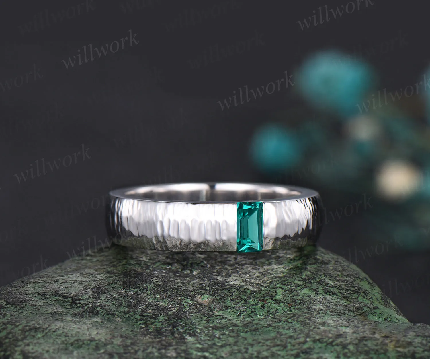 Unique Mens Emerald Wedding Band Baguette Cut Green Gemstone Band 5mm Solid Gold Ring Mens Hammered Stacking Matching Band Retro Vintage Ring Gift sold by Willwork Jewelry product image thumbnail 3