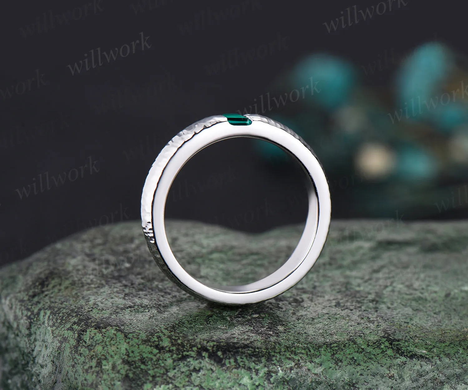 Unique Mens Emerald Wedding Band Baguette Cut Green Gemstone Band 5mm Solid Gold Ring Mens Hammered Stacking Matching Band Retro Vintage Ring Gift sold by Willwork Jewelry product image thumbnail 5