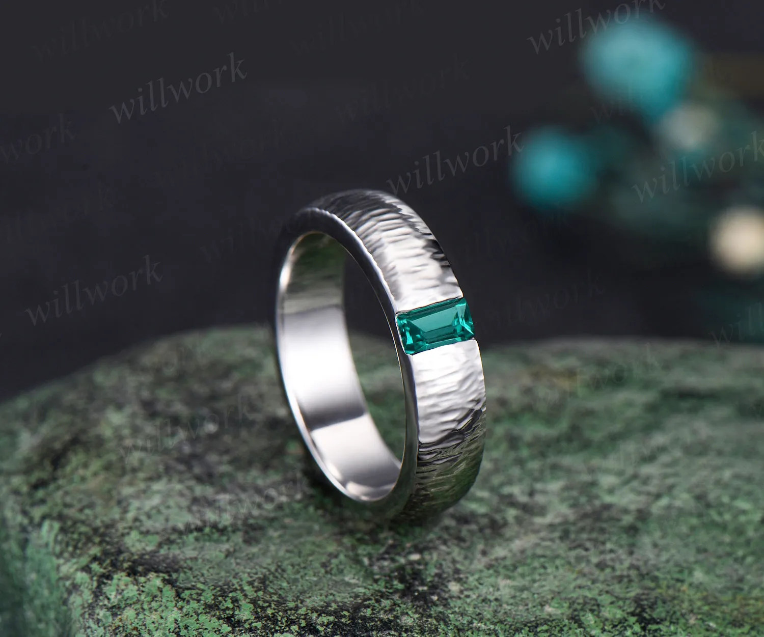 Unique Mens Emerald Wedding Band Baguette Cut Green Gemstone Band 5mm Solid Gold Ring Mens Hammered Stacking Matching Band Retro Vintage Ring Gift sold by Willwork Jewelry