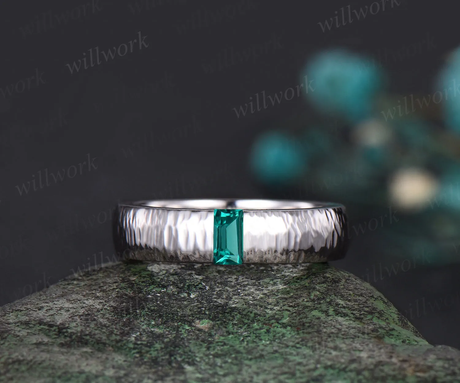 Unique Mens Emerald Wedding Band Baguette Cut Green Gemstone Band 5mm Solid Gold Ring Mens Hammered Stacking Matching Band Retro Vintage Ring Gift sold by Willwork Jewelry product image thumbnail 2