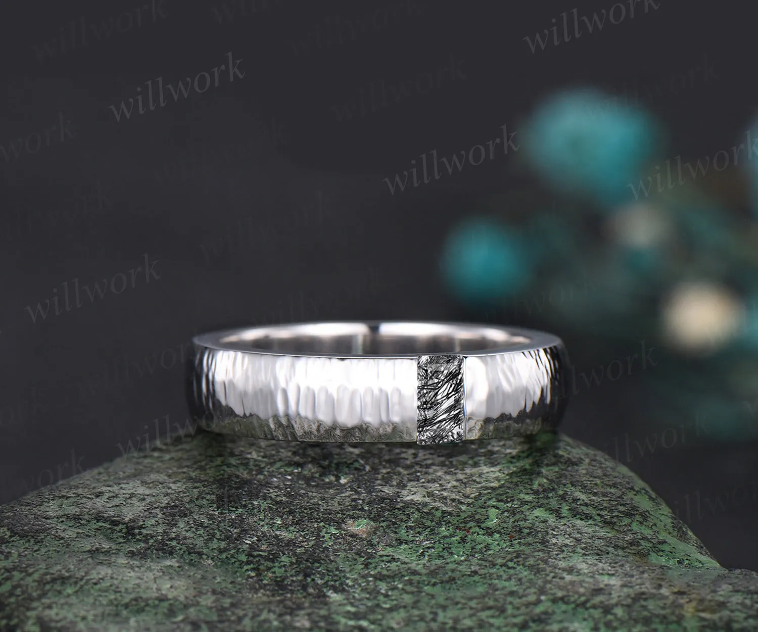 Unique Mens Black Rutilated Quartz Wedding Band Baguette Cut art deco Band 5mm Solid Gold Ring Mens Hammered Stacking Matching Band Retro Vintage Ring Gift sold by Willwork Jewelry product image thumbnail 3