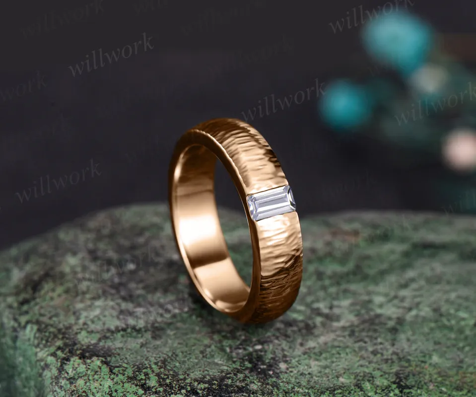Unique Mens moissanites Wedding Band Baguette Cut art deco Band 5mm Solid Gold Ring Mens Hammered Stacking Matching Band Retro Vintage Ring Gift sold by Willwork Jewelry