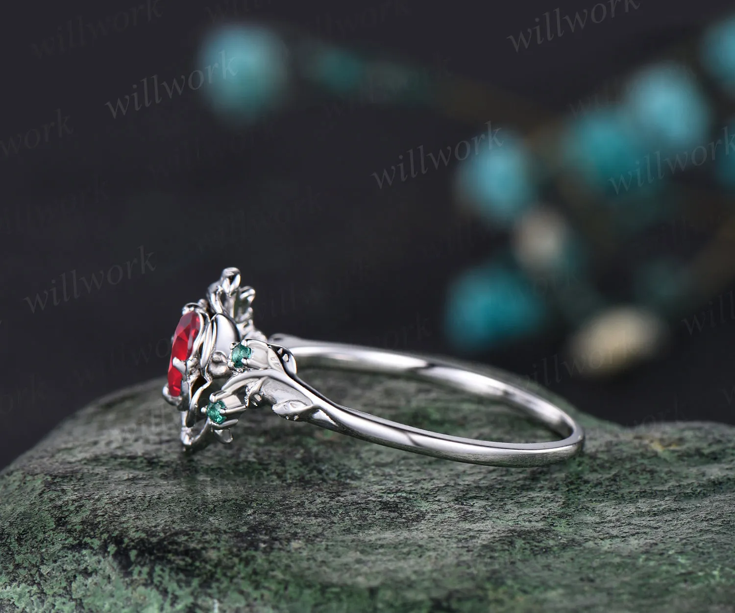 Unique Round Cut Garnet Engagement Ring Floral Leaf Art Deco Vine Wrapped emerald Ring 14k White Gold Engagement ring Anniversary Gift Ring sold by Willwork Jewelry product image thumbnail 3