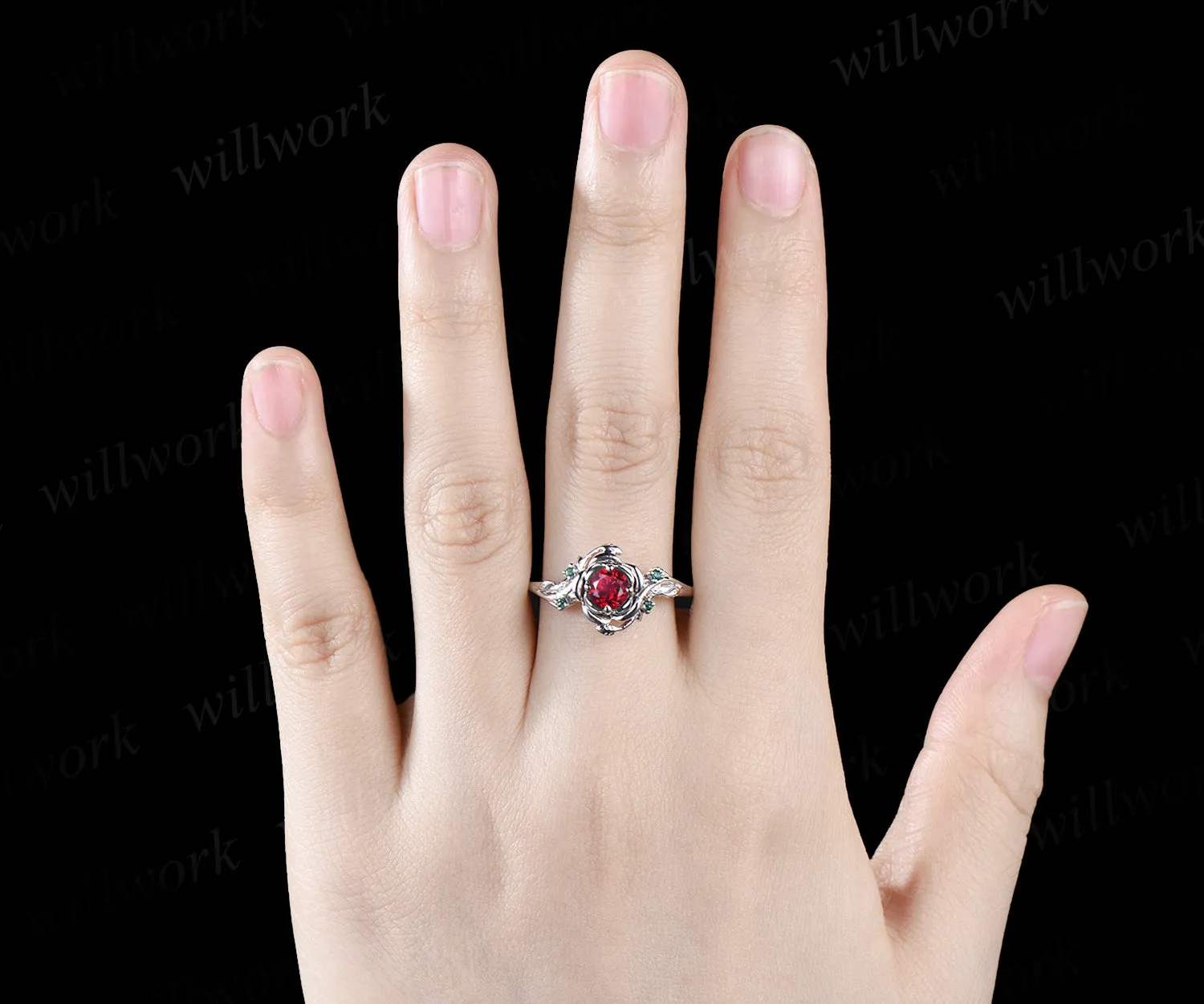 Unique Round Cut Garnet Engagement Ring Floral Leaf Art Deco Vine Wrapped emerald Ring 14k White Gold Engagement ring Anniversary Gift Ring sold by Willwork Jewelry product image thumbnail 5