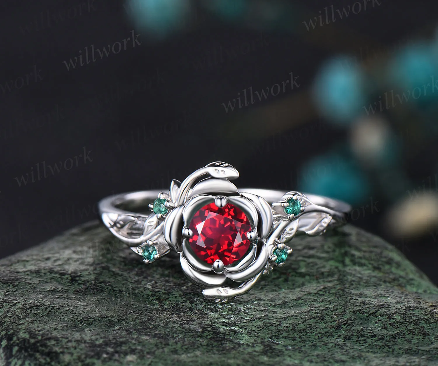 Unique Round Cut Garnet Engagement Ring Floral Leaf Art Deco Vine Wrapped emerald Ring 14k White Gold Engagement ring Anniversary Gift Ring sold by Willwork Jewelry