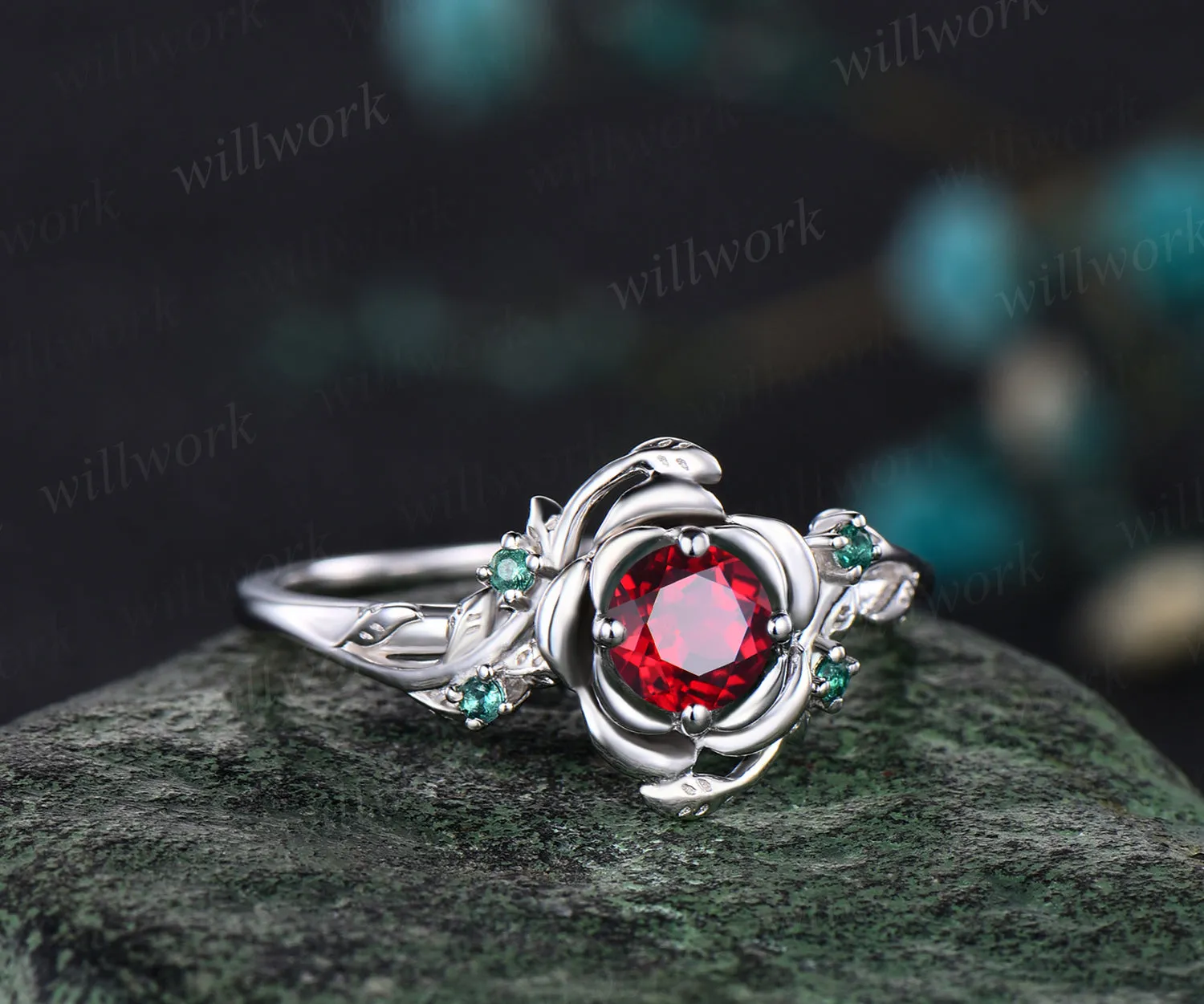 Unique Round Cut Garnet Engagement Ring Floral Leaf Art Deco Vine Wrapped emerald Ring 14k White Gold Engagement ring Anniversary Gift Ring sold by Willwork Jewelry product image thumbnail 2