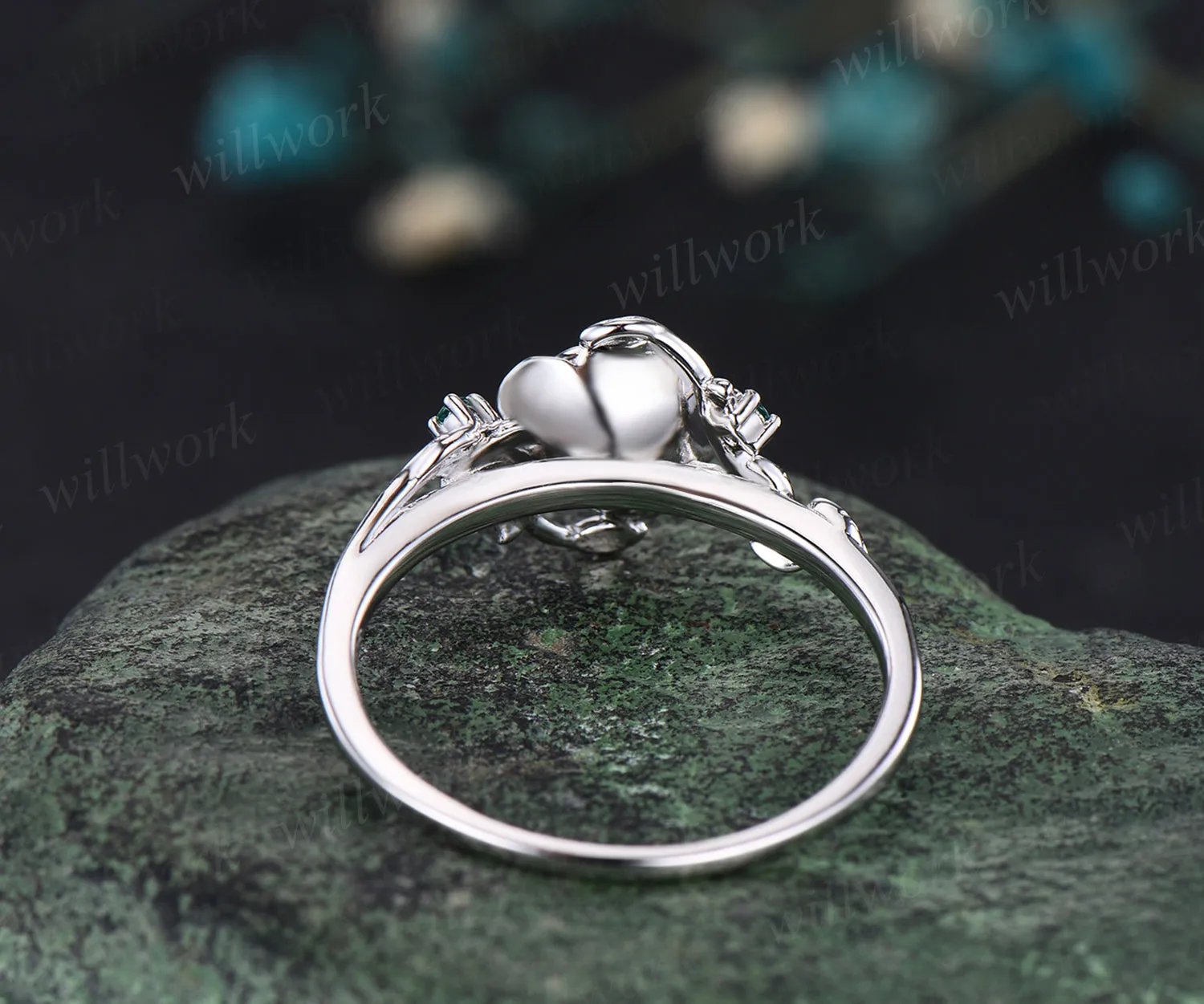 Unique Round Cut Garnet Engagement Ring Floral Leaf Art Deco Vine Wrapped emerald Ring 14k White Gold Engagement ring Anniversary Gift Ring sold by Willwork Jewelry product image thumbnail 4