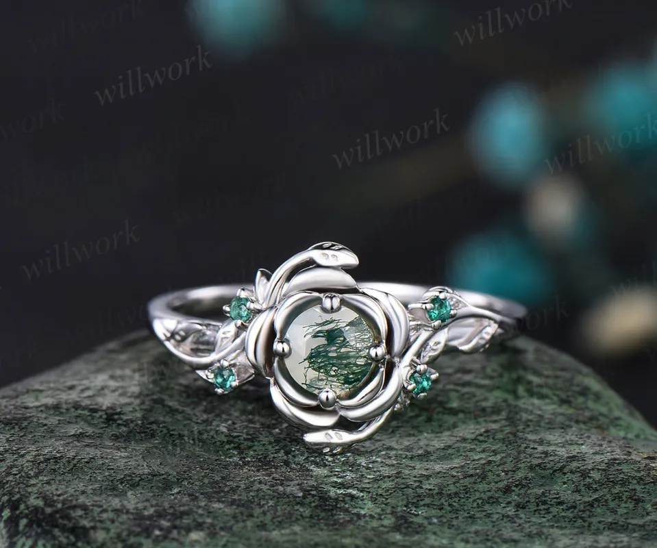 Unique Round Cut Ring Vine Wrapped Moss Agate Ring 14k White Gold Engagement Ring Floral ring Anniversary Gift Ring sold by Willwork Jewelry