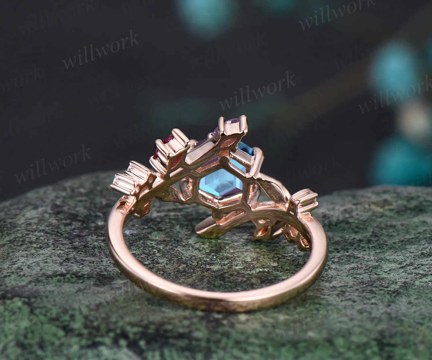 Unique Hexagonal Ring Vine Wrapped Alexandrite Ring 14k Rose Gold Engagement Ring Christmas Gift Anniversary Gift Ring sold by Willwork Jewelry product image thumbnail 3