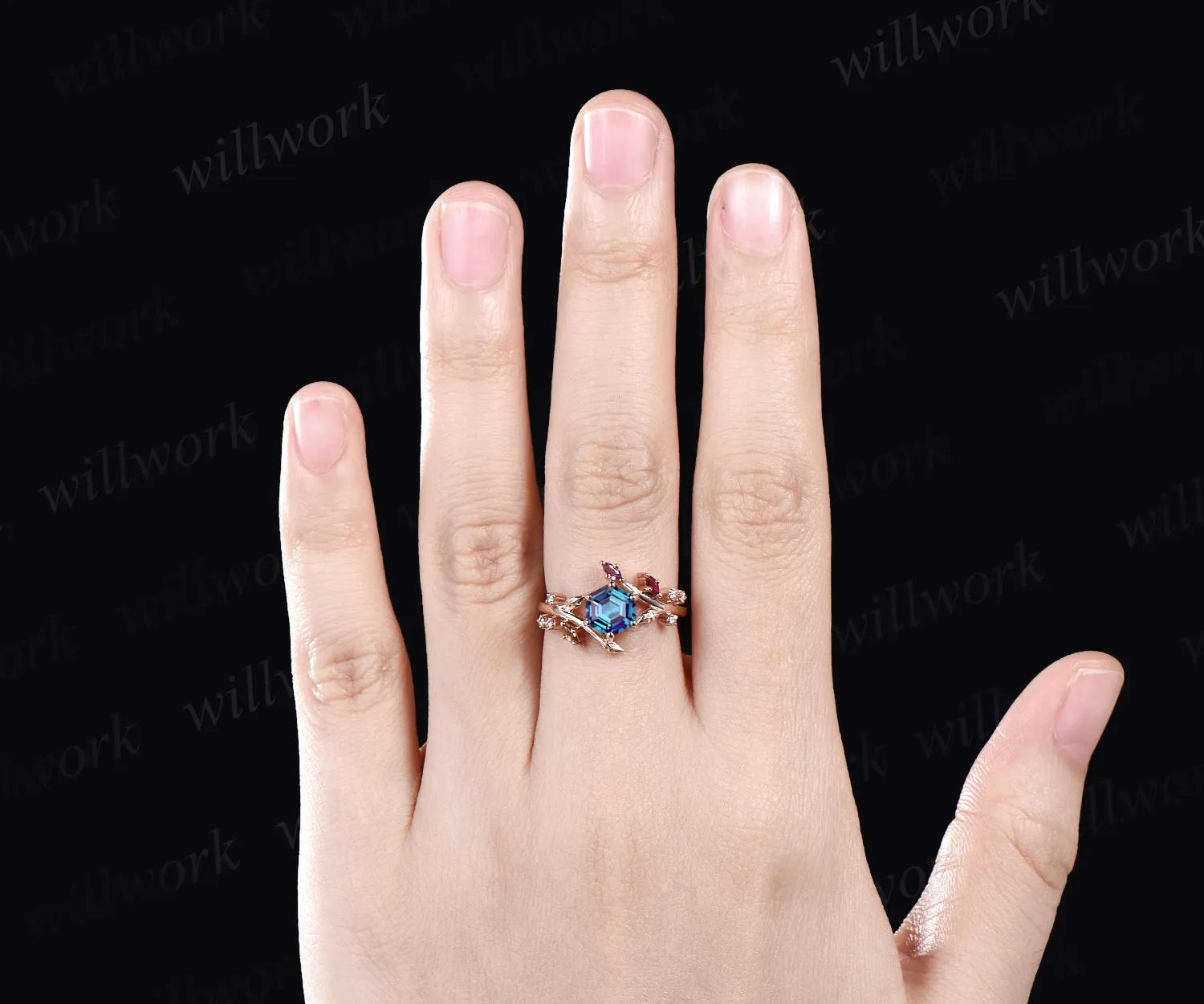 Unique Hexagonal Ring Vine Wrapped Alexandrite Ring 14k Rose Gold Engagement Ring Christmas Gift Anniversary Gift Ring sold by Willwork Jewelry product image thumbnail 2