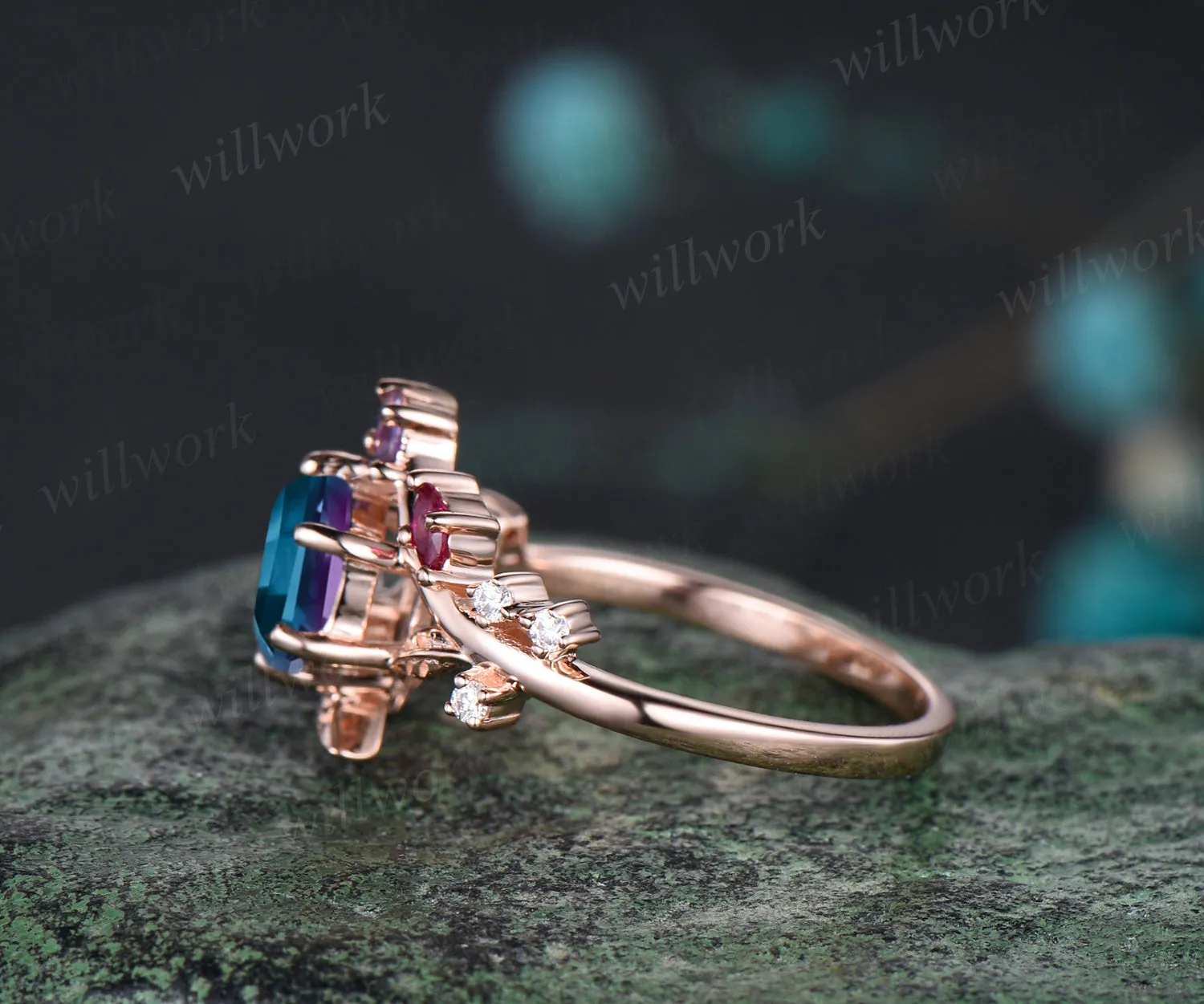 Unique Hexagonal Ring Vine Wrapped Alexandrite Ring 14k Rose Gold Engagement Ring Christmas Gift Anniversary Gift Ring sold by Willwork Jewelry product image thumbnail 5